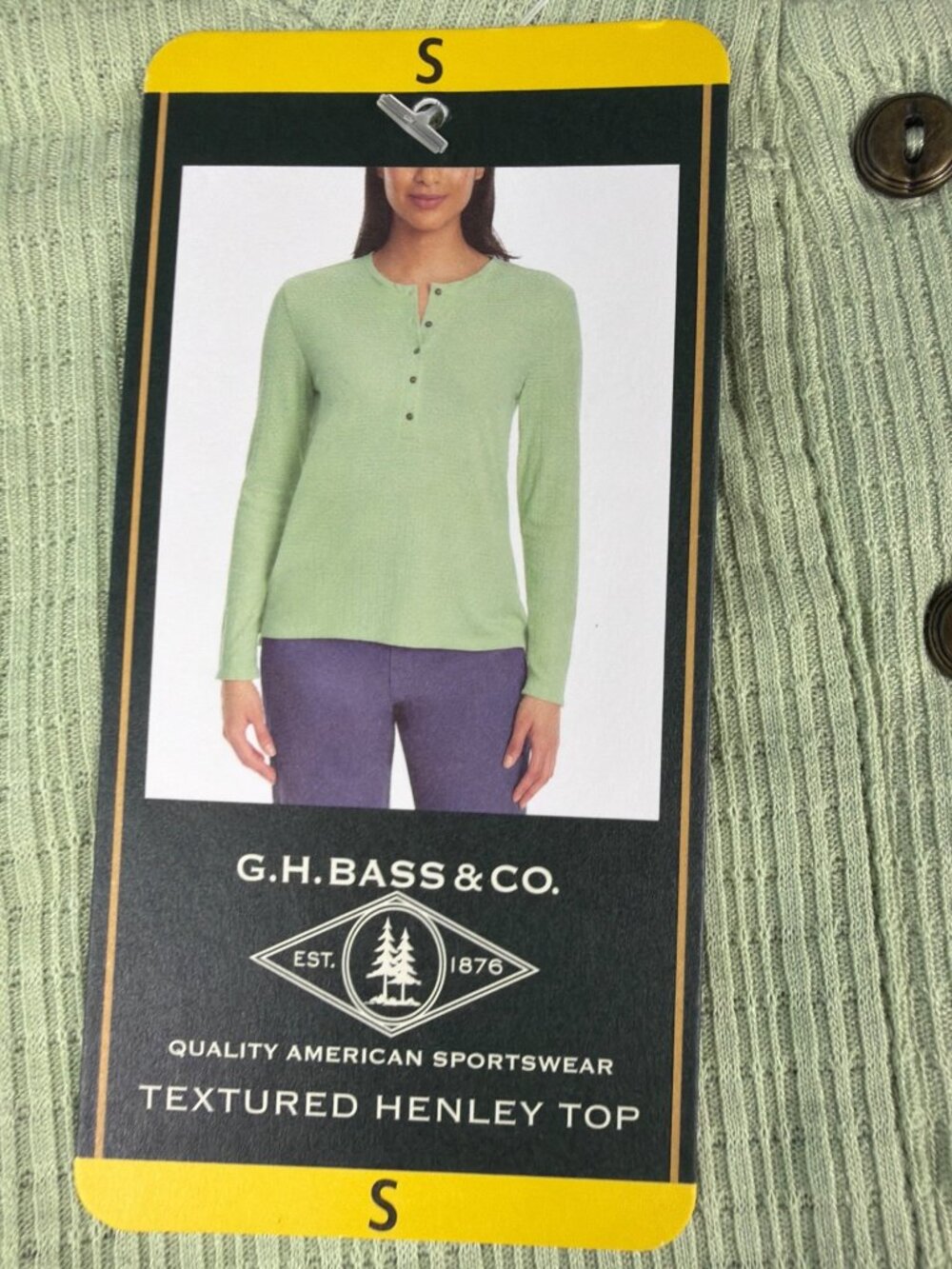 G.H. Bass & Co. Womens Small Green Textured Henley Long Sleeve Top - Picture 4 of 4